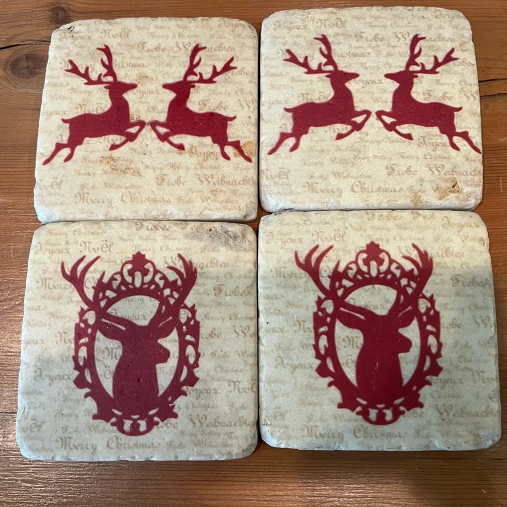 CRATE & BARREL STONE 4” CHRISTMAS WINTER COASTERS. SET OF 4. REINDEER